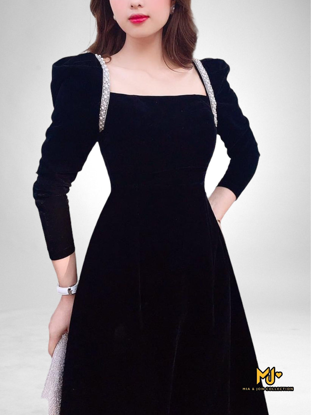 velvet fit and flare dress MJV1778 Black Velvet Fit & Flare Dress