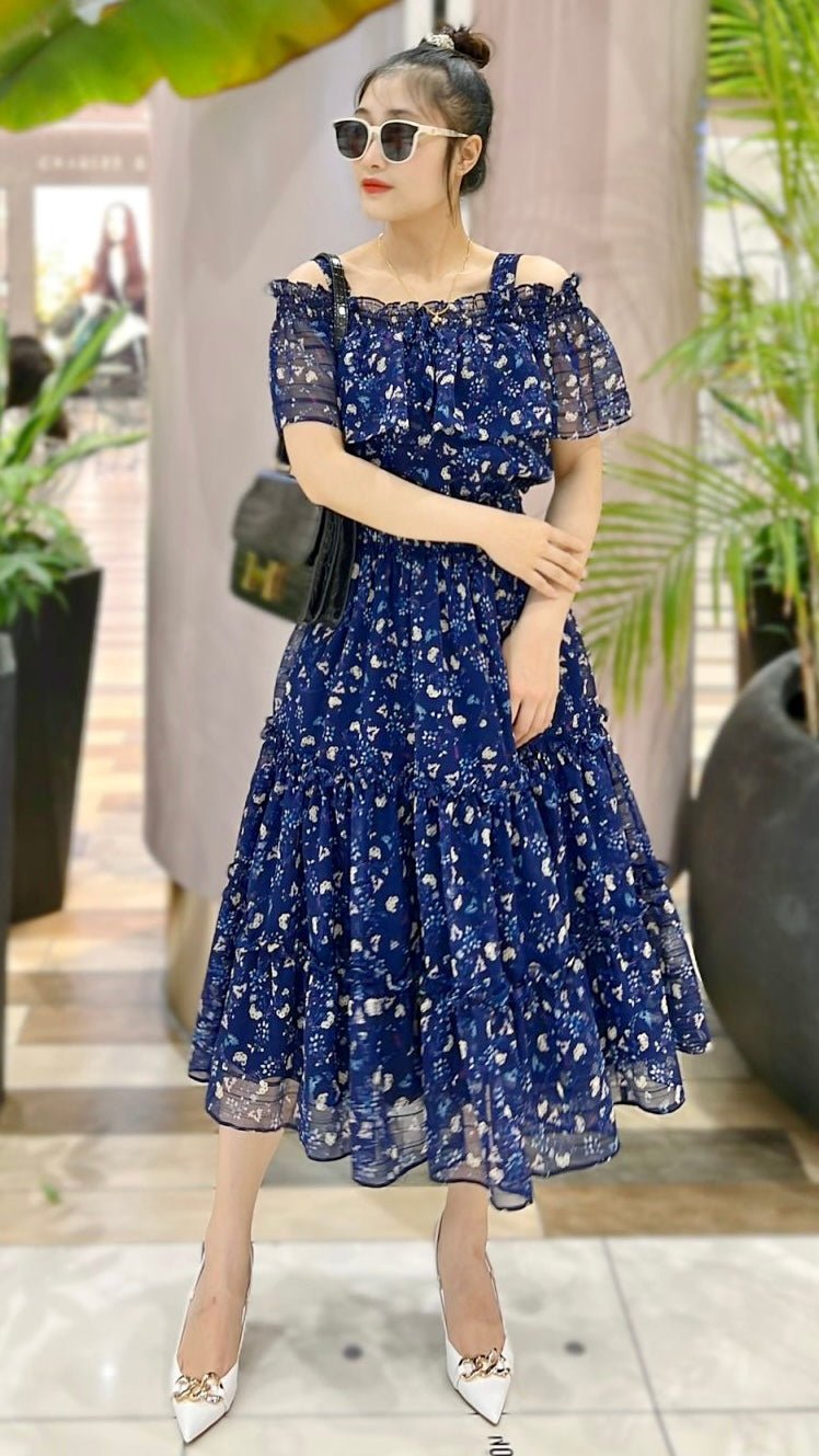 Navy Floral Print Cold-Shoulder Ruffle Chiffon Midi Dress