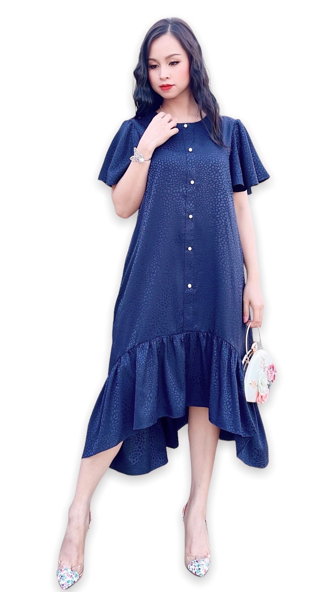 Ruffle High Low Tunic Dress In Navy Blue