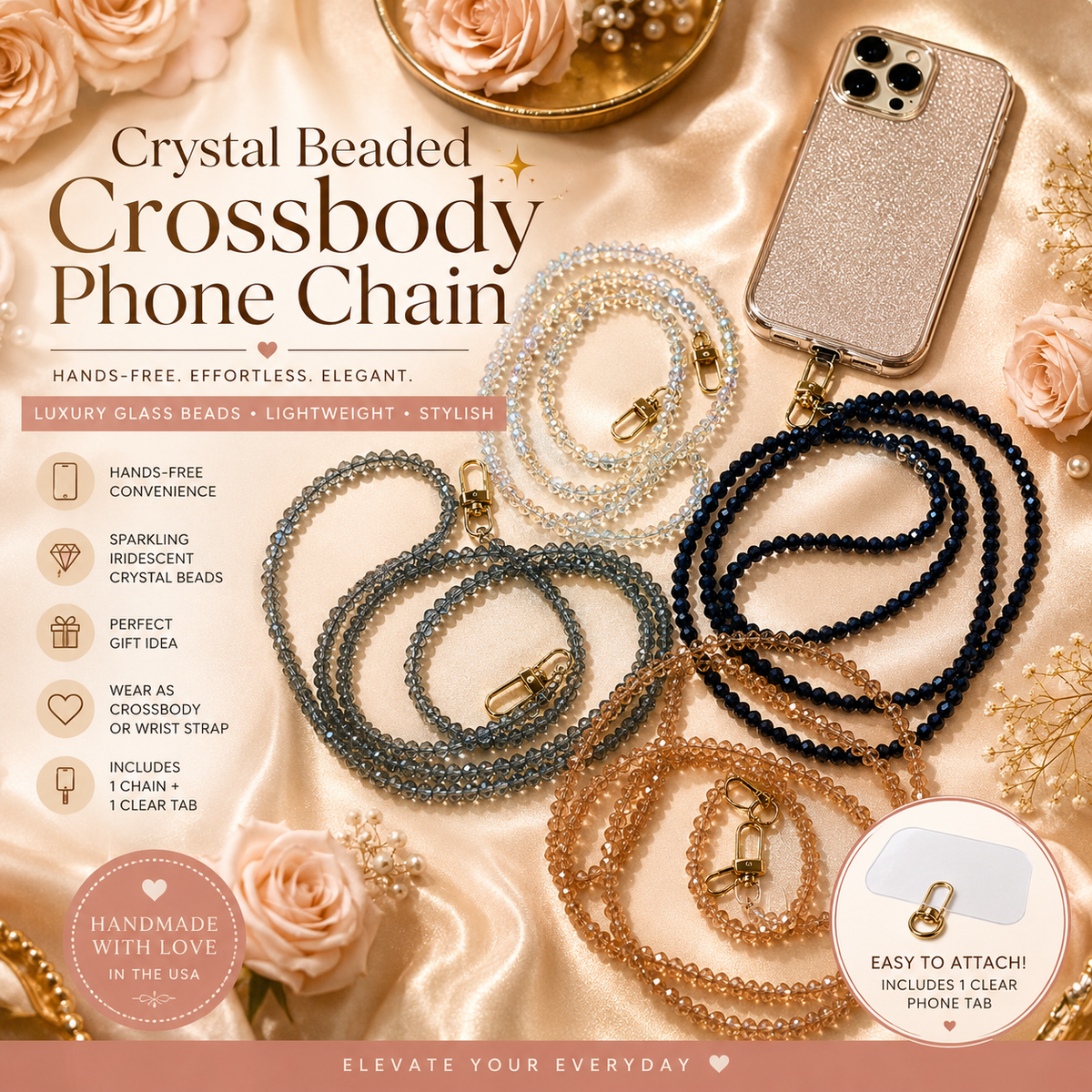 Dainty Prism Beaded Crossbody Phone Chain | Hands-Free Phone Strap