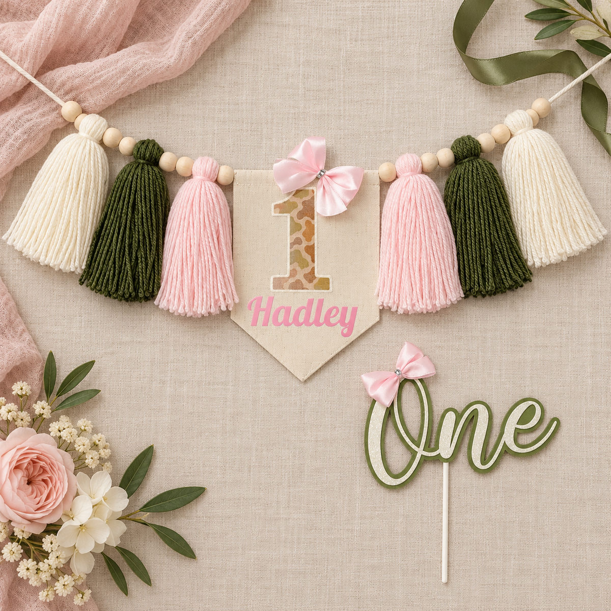 Pink Camo High Chair Banner & ONE Cake Topper – Blush & Olive