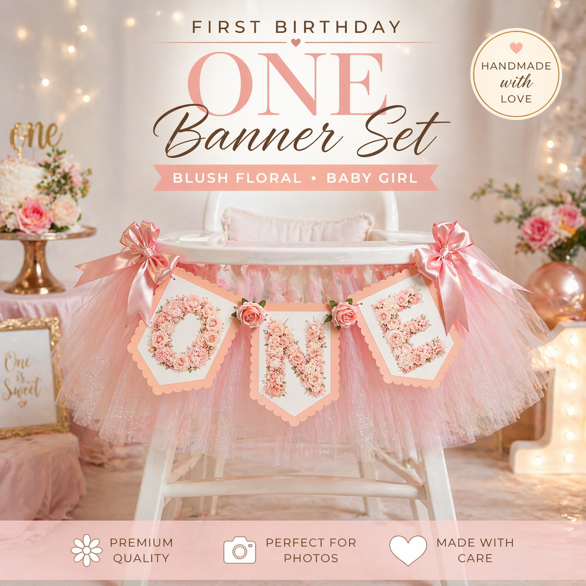 Blush Floral ONE High Chair Banner Set|Luxury First Birthday Decor