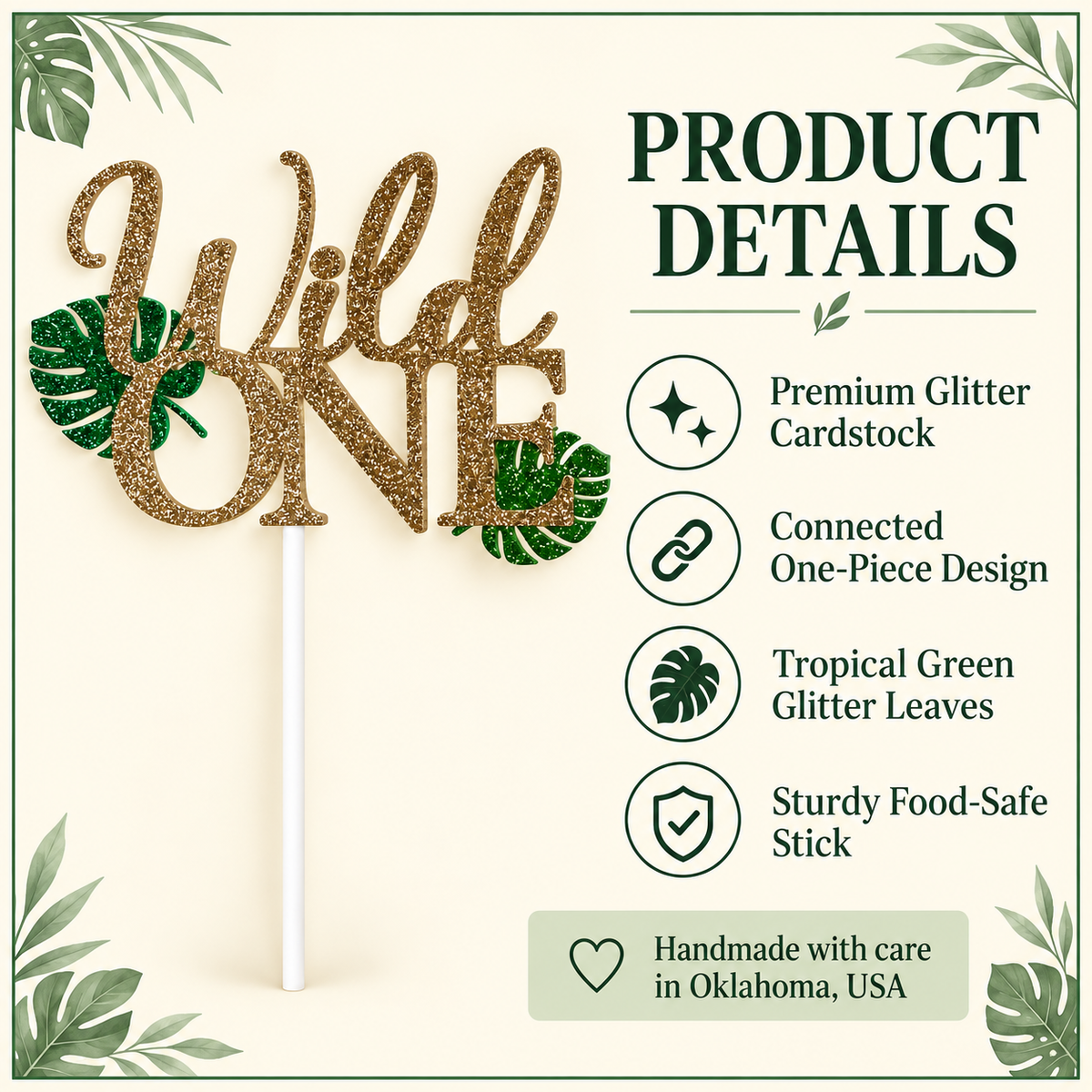 Wild One Cake Topper – Gold & Green Jungle First Birthday Decor