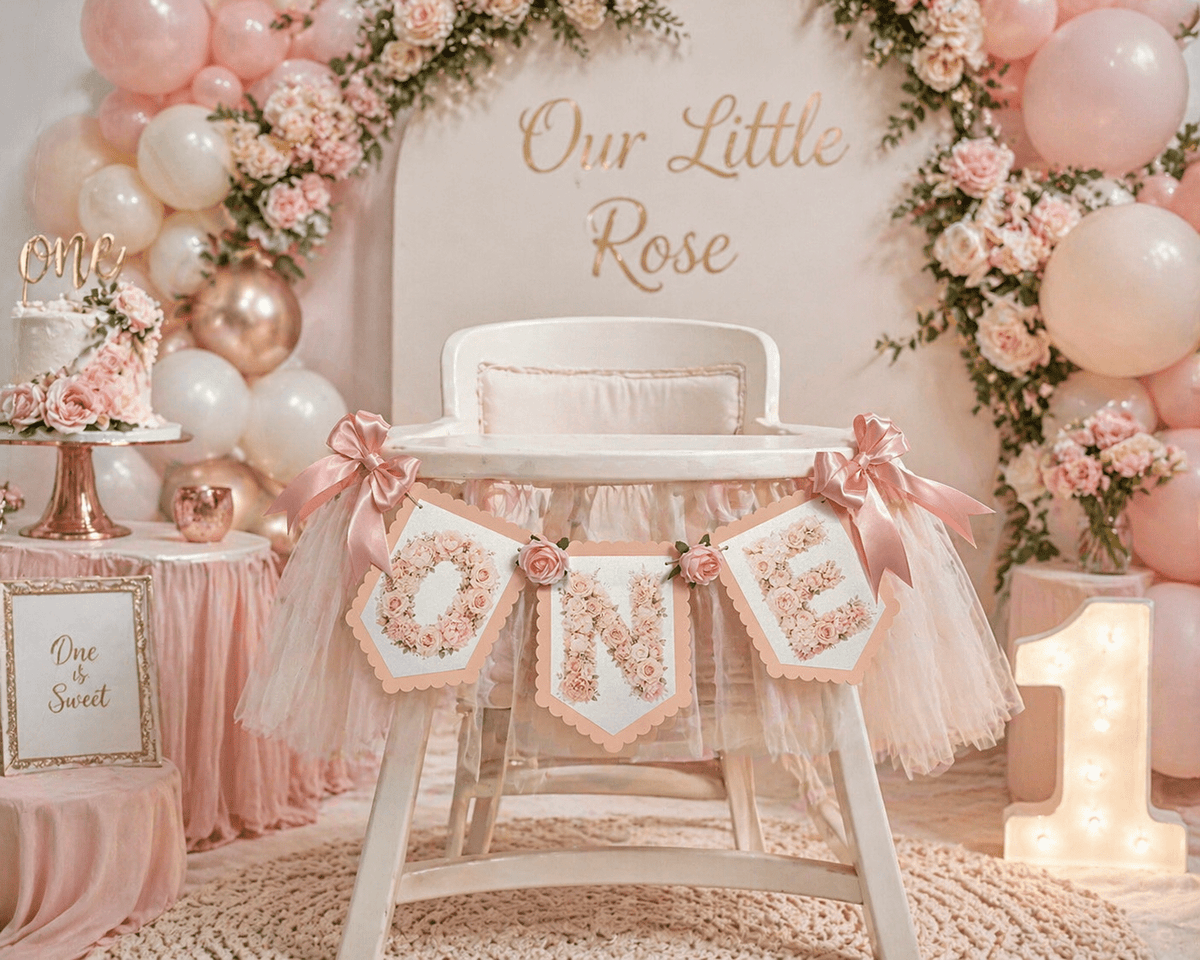 Blush Floral ONE High Chair Banner Set|Luxury First Birthday Decor - Mia & Jon