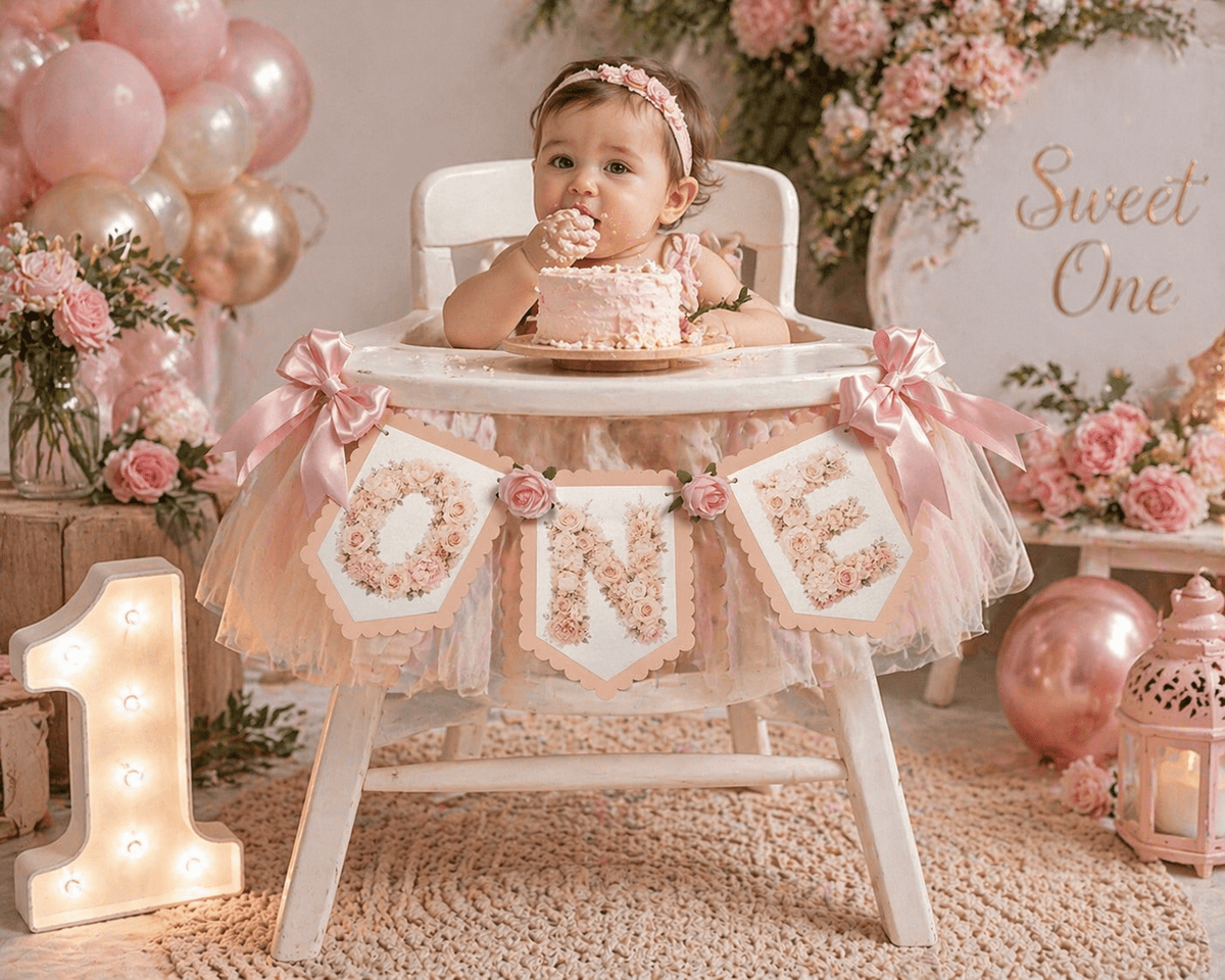 Blush Floral ONE High Chair Banner Set|Luxury First Birthday Decor - Mia & Jon