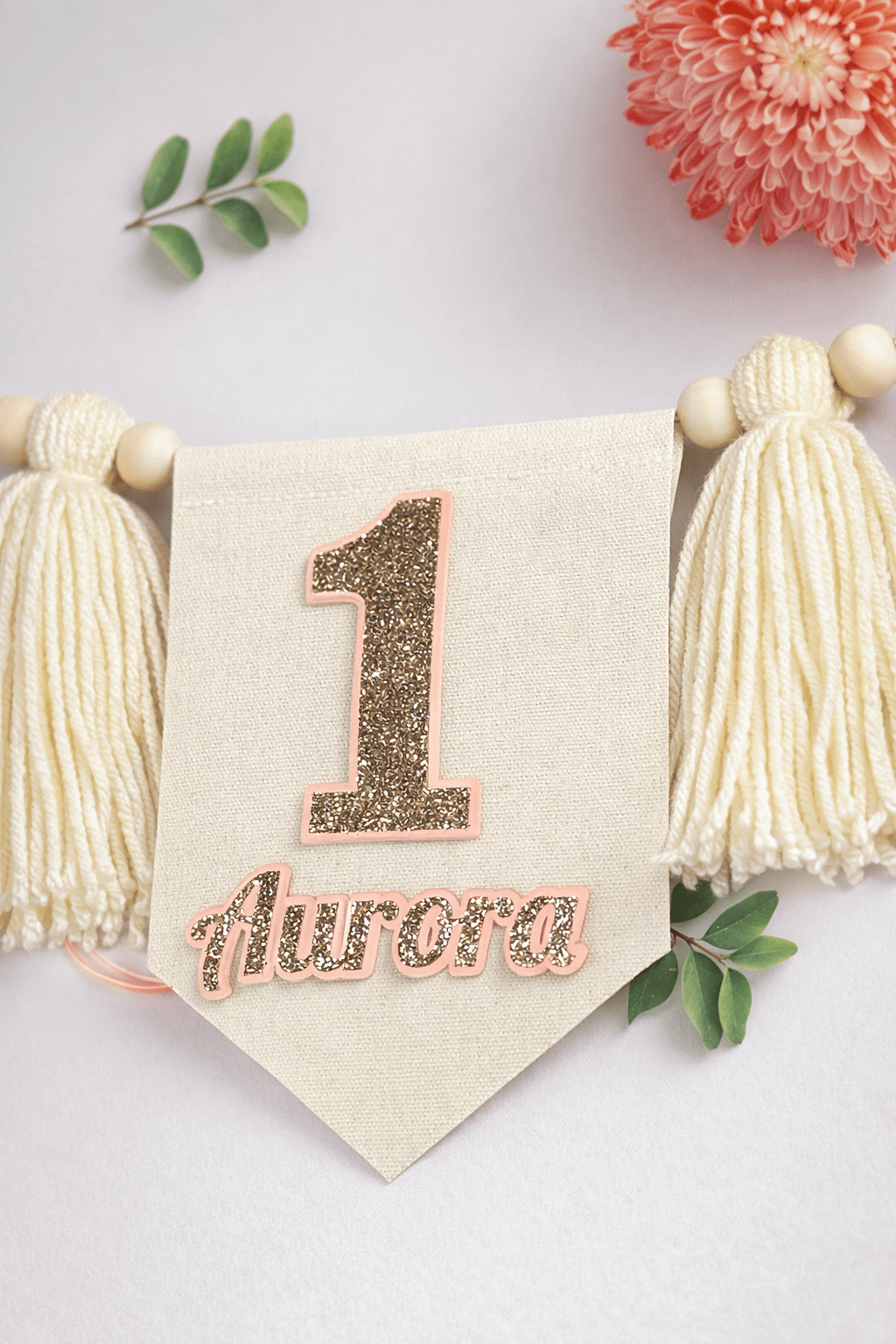 Blush Sparkle First Birthday Banner – Personalized Baby Girl High Chair Banner for Smash Cake Photos - Mia & Jon