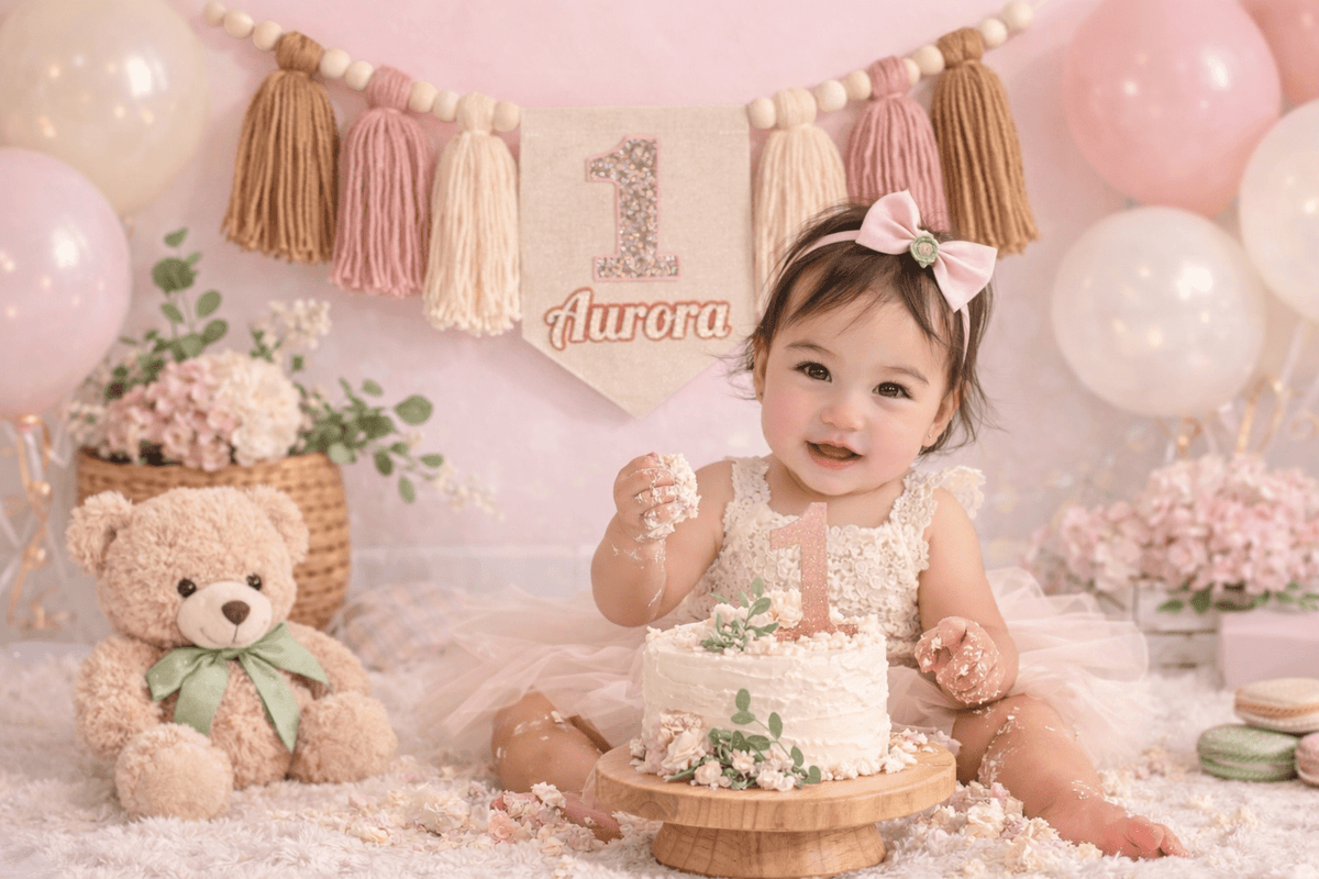 Blush Sparkle First Birthday Banner – Personalized Baby Girl High Chair Banner for Smash Cake Photos - Mia & Jon