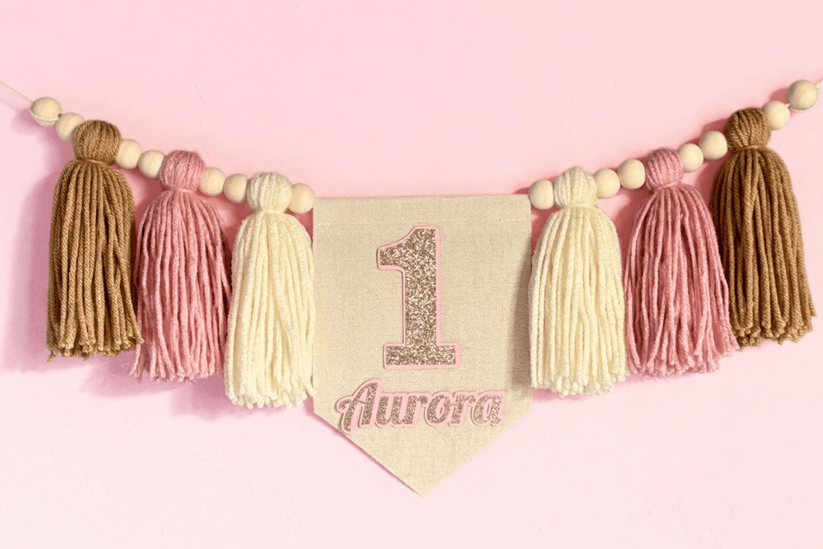 Blush Sparkle First Birthday Banner – Personalized Baby Girl High Chair Banner for Smash Cake Photos - Mia & Jon