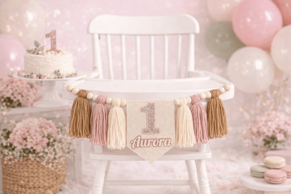 Blush Sparkle First Birthday Banner – Personalized Baby Girl High Chair Banner for Smash Cake Photos - Mia & Jon