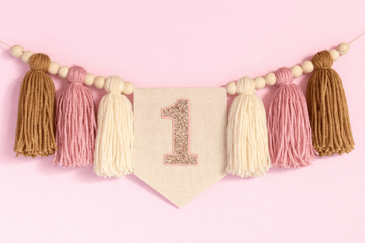 Blush Sparkle First Birthday Banner – Personalized Baby Girl High Chair Banner for Smash Cake Photos - Mia & Jon