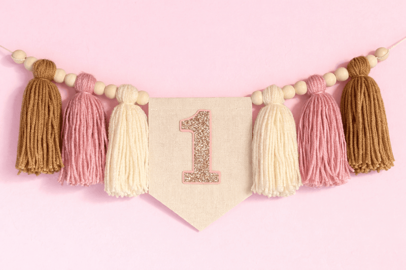 Blush Sparkle First Birthday Banner – Personalized Baby Girl High Chair Banner for Smash Cake Photos - Mia & Jon