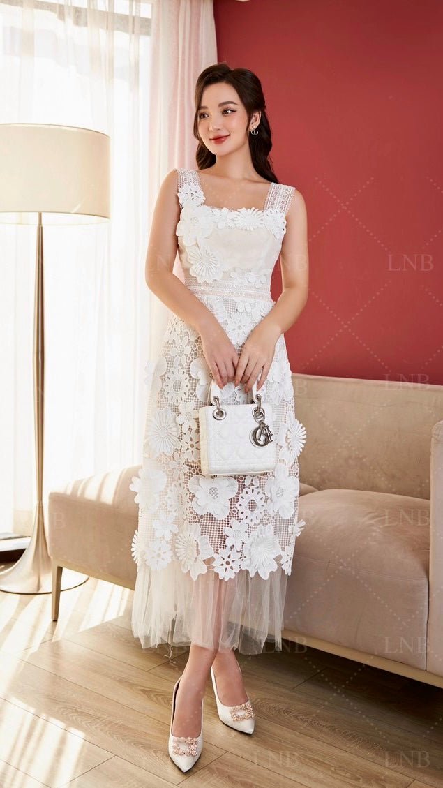 floral guipure lace midi dress Womens Guipure Lace Floral Leaf-Embellished Elegant Midi Dress, APRICOT Floral / L