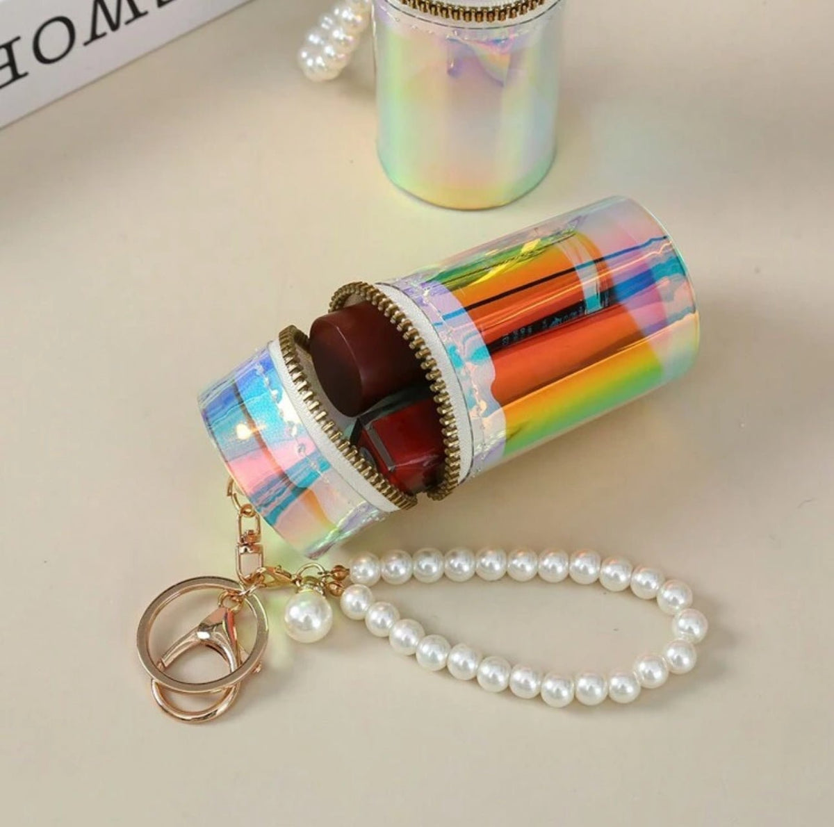 Holographic Mini Cylinder Pouch with Pearl Keychain – Travel Storage Case - Mia & Jon