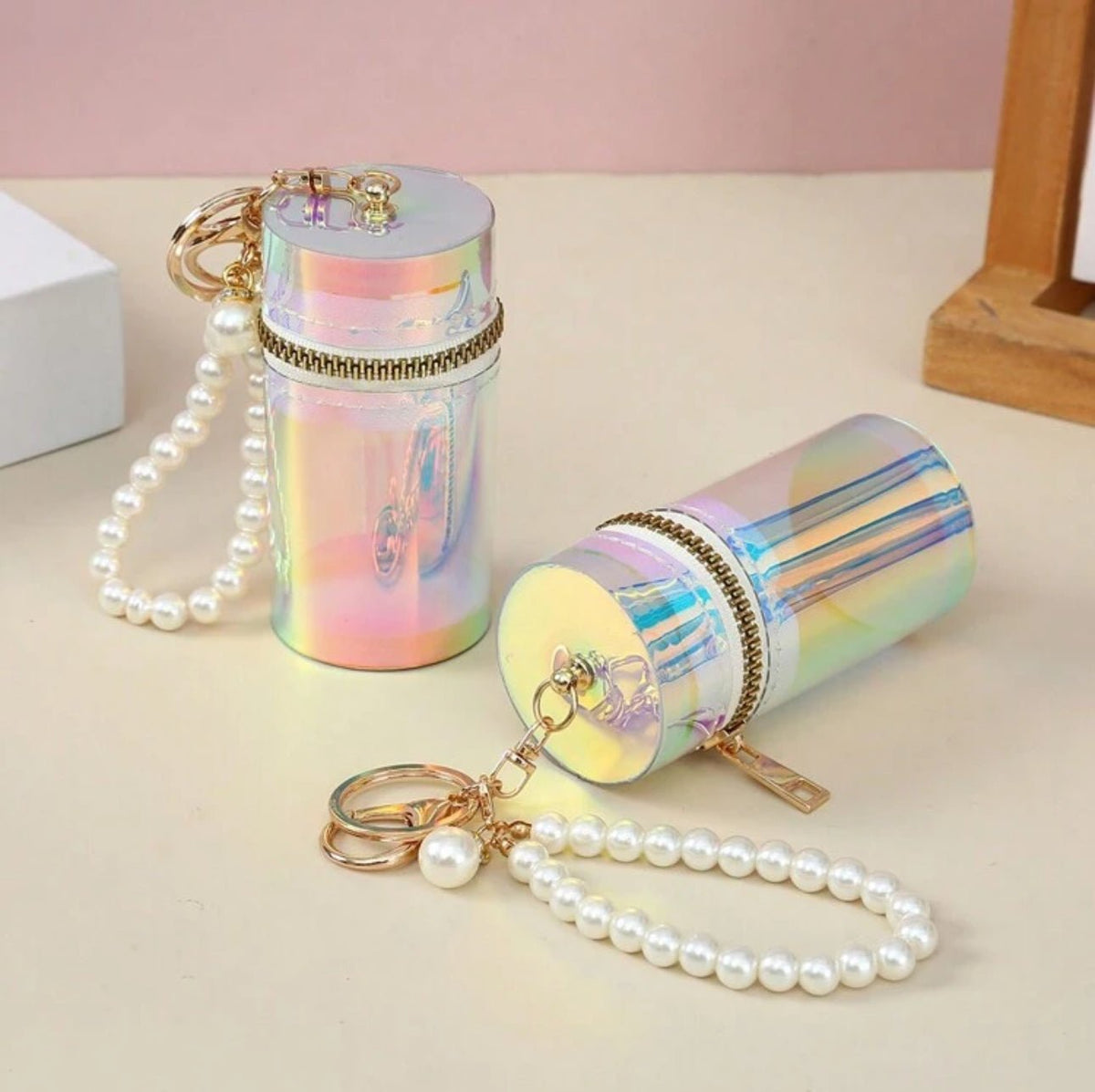 Holographic Mini Cylinder Pouch with Pearl Keychain – Travel Storage Case - Mia & Jon