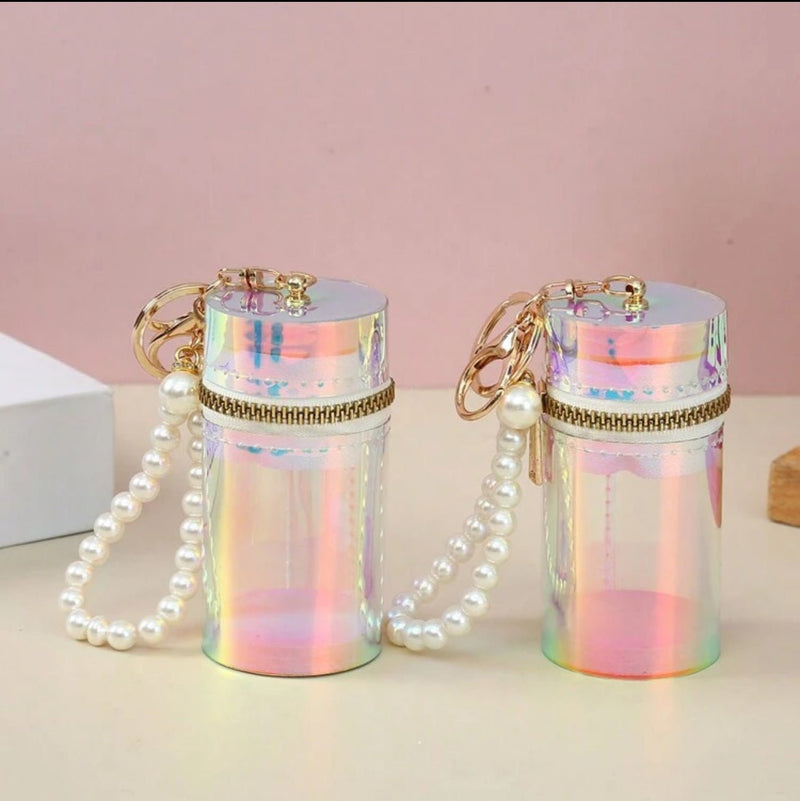Holographic Mini Cylinder Pouch with Pearl Keychain – Travel Storage Case - Mia & Jon
