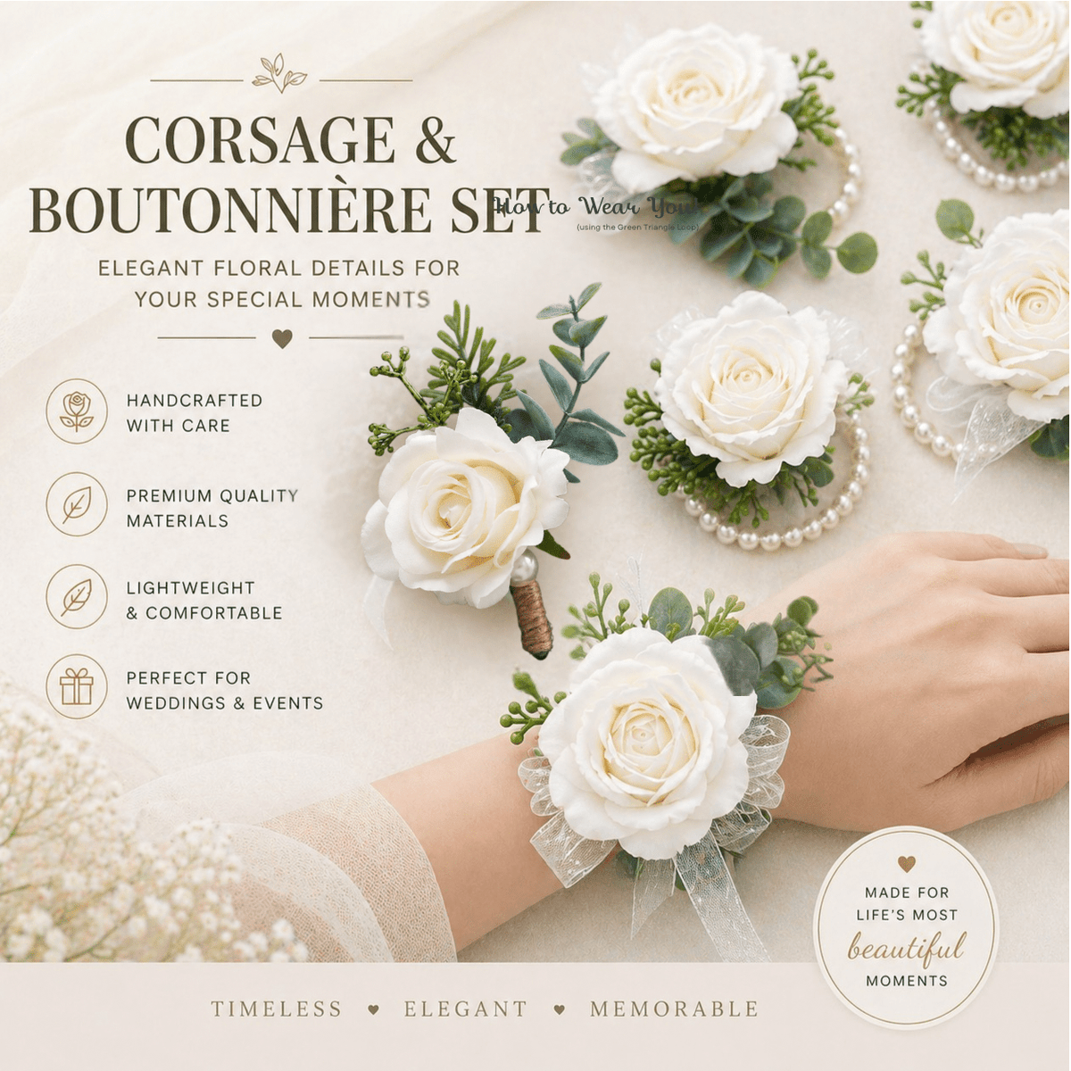 Ivory Rose Wrist Corsage & Boutonniere Set - Mia & Jon