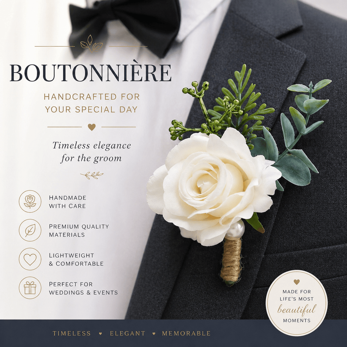 Ivory Rose Wrist Corsage & Boutonniere Set - Mia & Jon