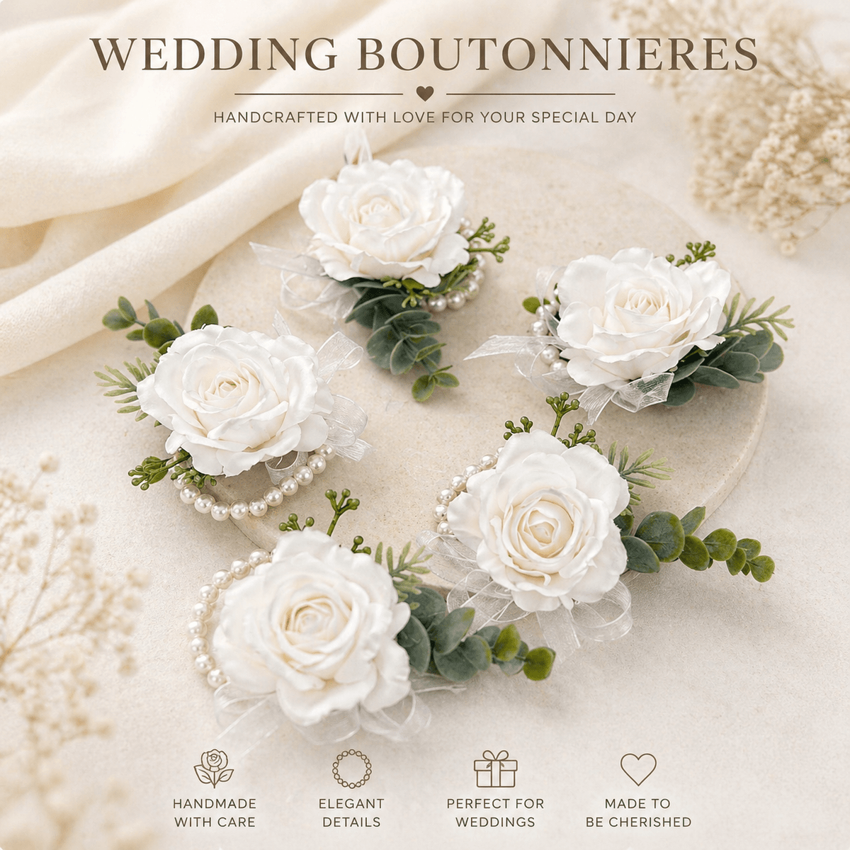 Ivory Rose Wrist Corsage & Boutonniere Set - Mia & Jon