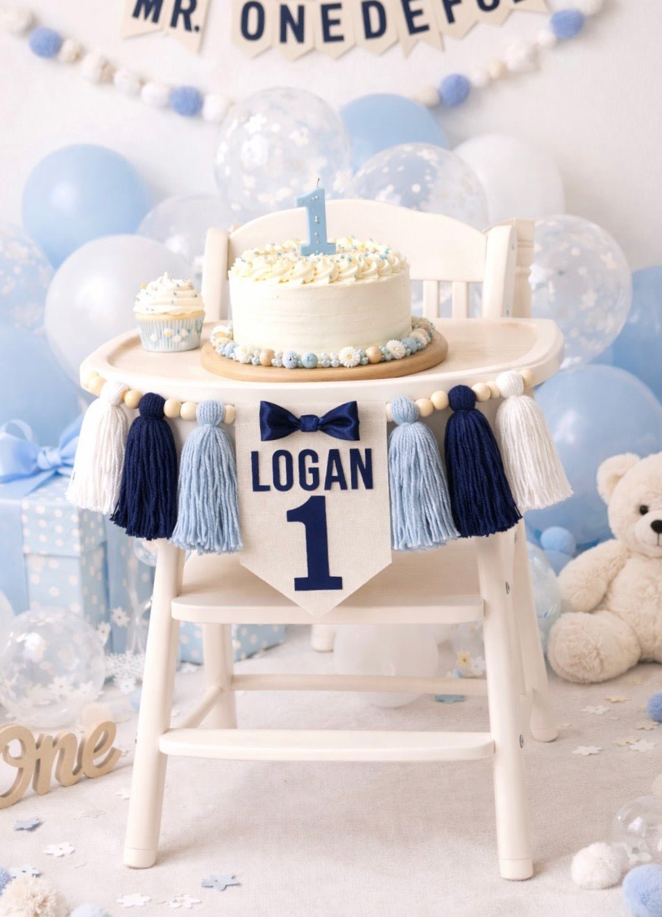 Mr Onederful High Chair Banner – Navy Blue First Birthday Decor – Personalized Smash Cake Banner – Baby Boy Birthday Party Decoration - Mia & Jon