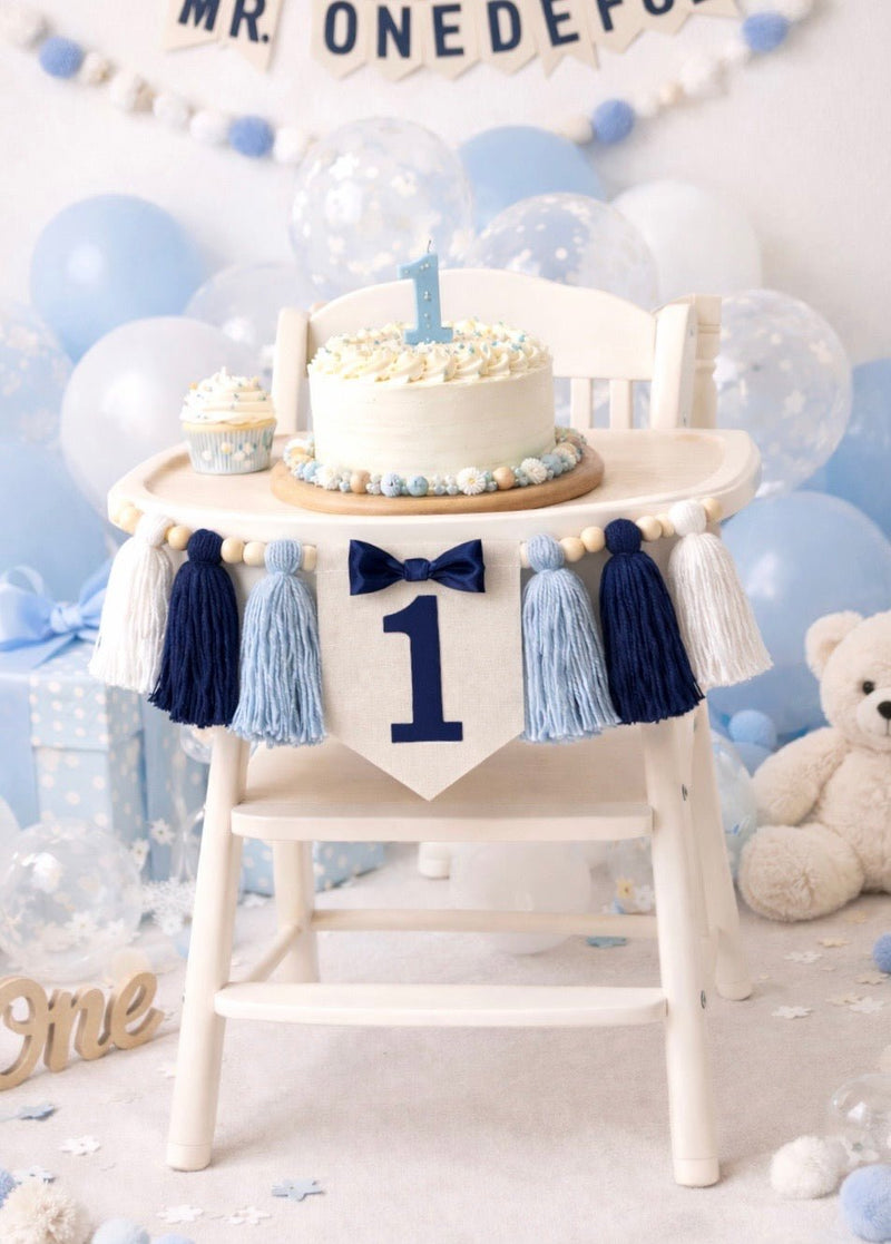 Mr Onederful High Chair Banner – Navy Blue First Birthday Decor – Personalized Smash Cake Banner – Baby Boy Birthday Party Decoration - Mia & Jon