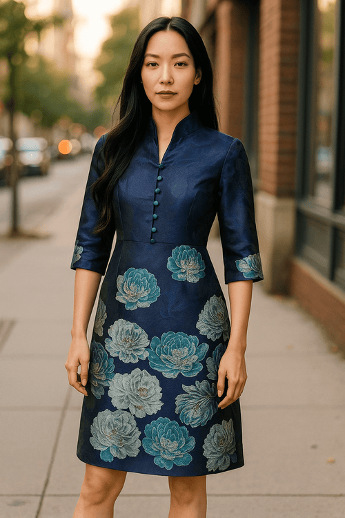 Navy Blue Brocade Floral Dress – Elegant Mandarin Collar A - Line Evening Dress - Mia & Jon