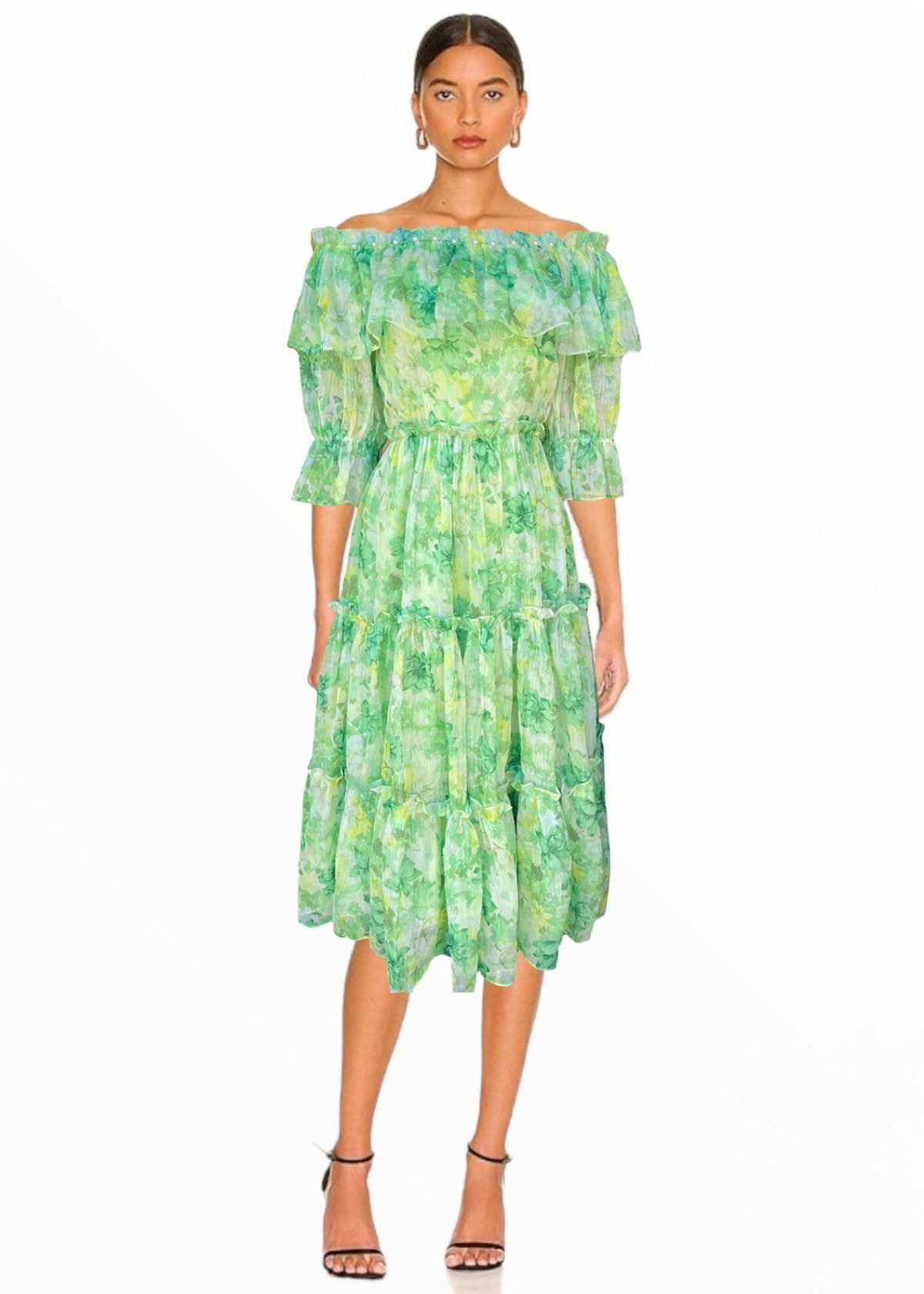 Off - The - Shoulder Floral Ruffle Chiffon Midi Dress - Mia & Jon