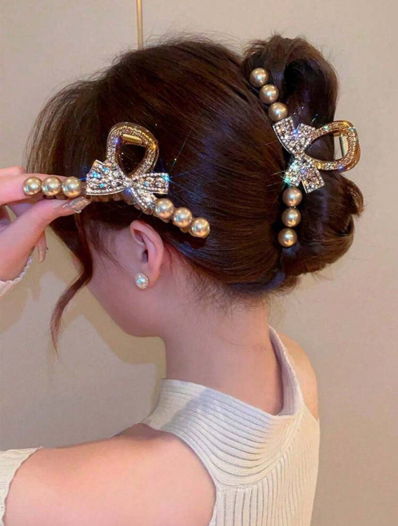 Pearl Bow Rhinestone Hair Claw Clip – Elegant Large Grip for Women & Girls | Sparkly Crystal Barrette - Mia & Jon