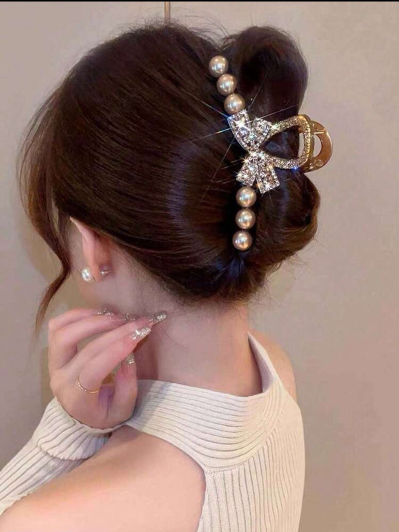 Pearl Bow Rhinestone Hair Claw Clip – Elegant Large Grip for Women & Girls | Sparkly Crystal Barrette - Mia & Jon