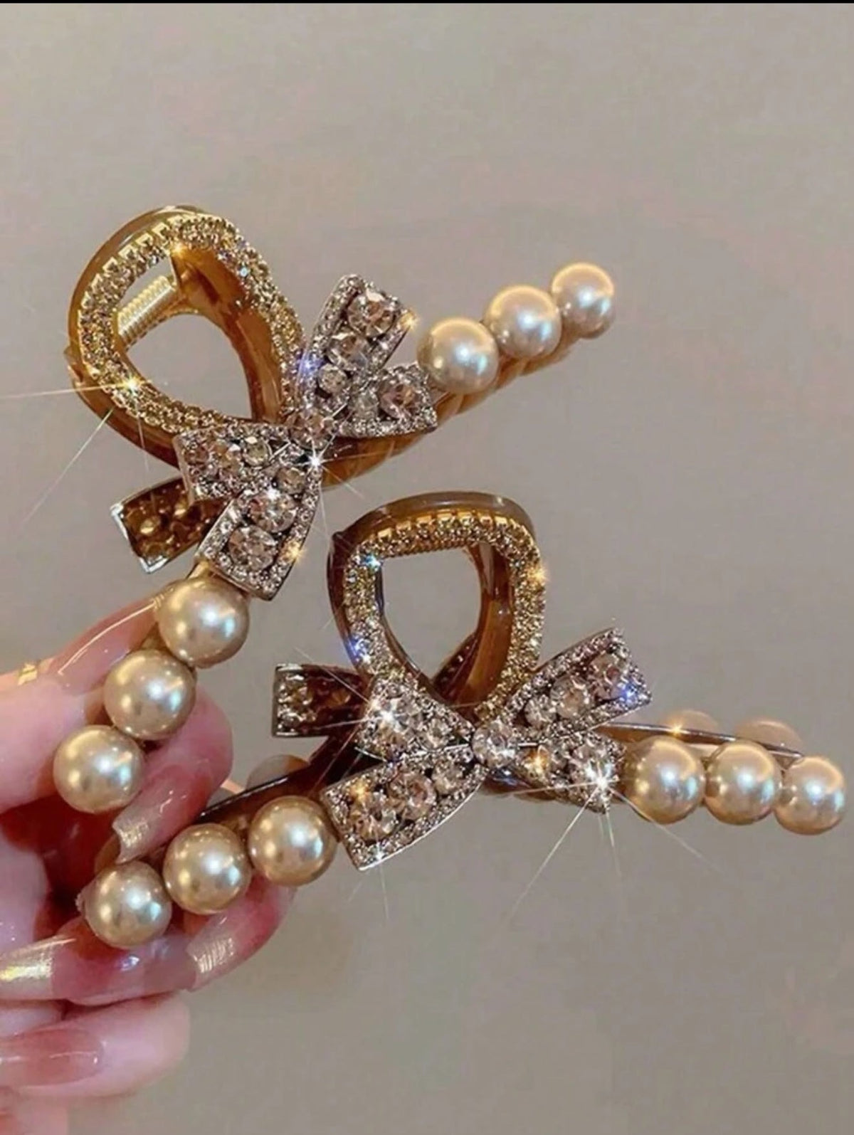 Pearl Bow Rhinestone Hair Claw Clip – Elegant Large Grip for Women & Girls | Sparkly Crystal Barrette - Mia & Jon