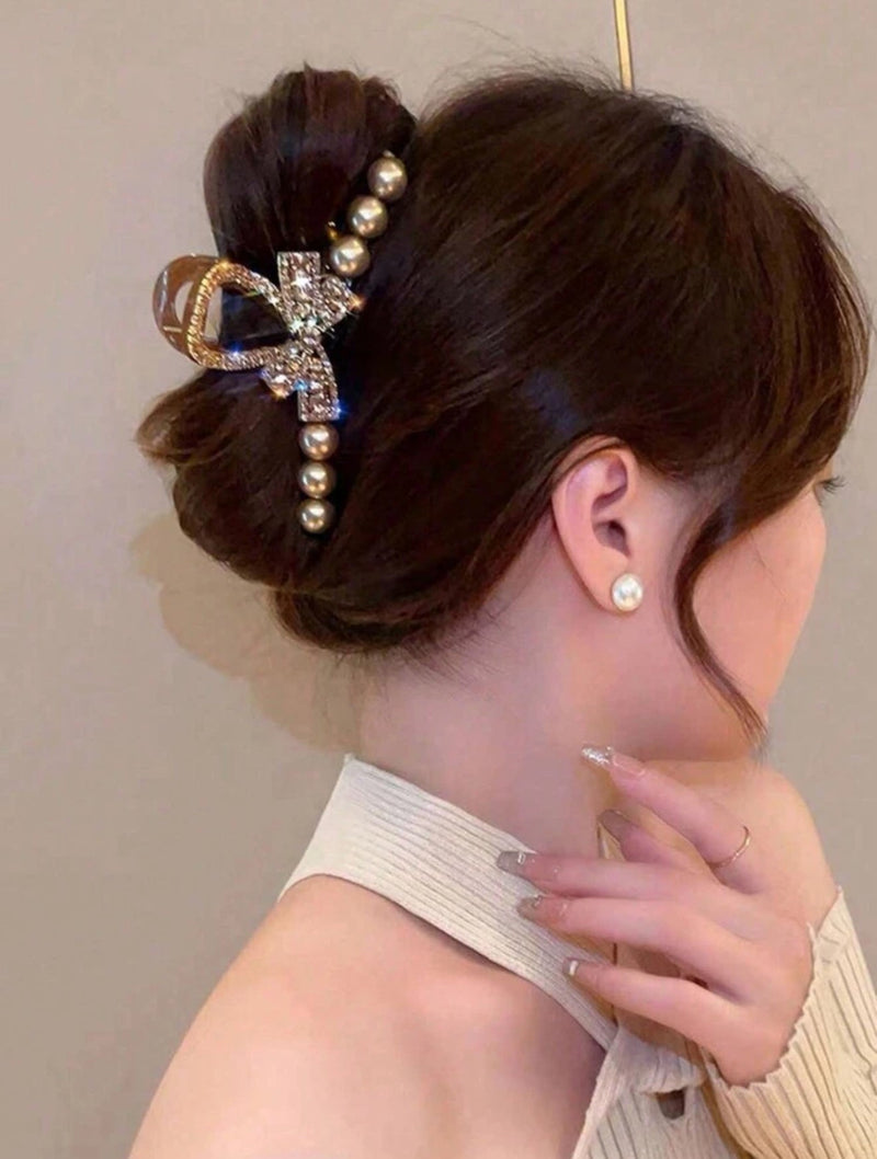 Pearl Bow Rhinestone Hair Claw Clip – Elegant Large Grip for Women & Girls | Sparkly Crystal Barrette - Mia & Jon