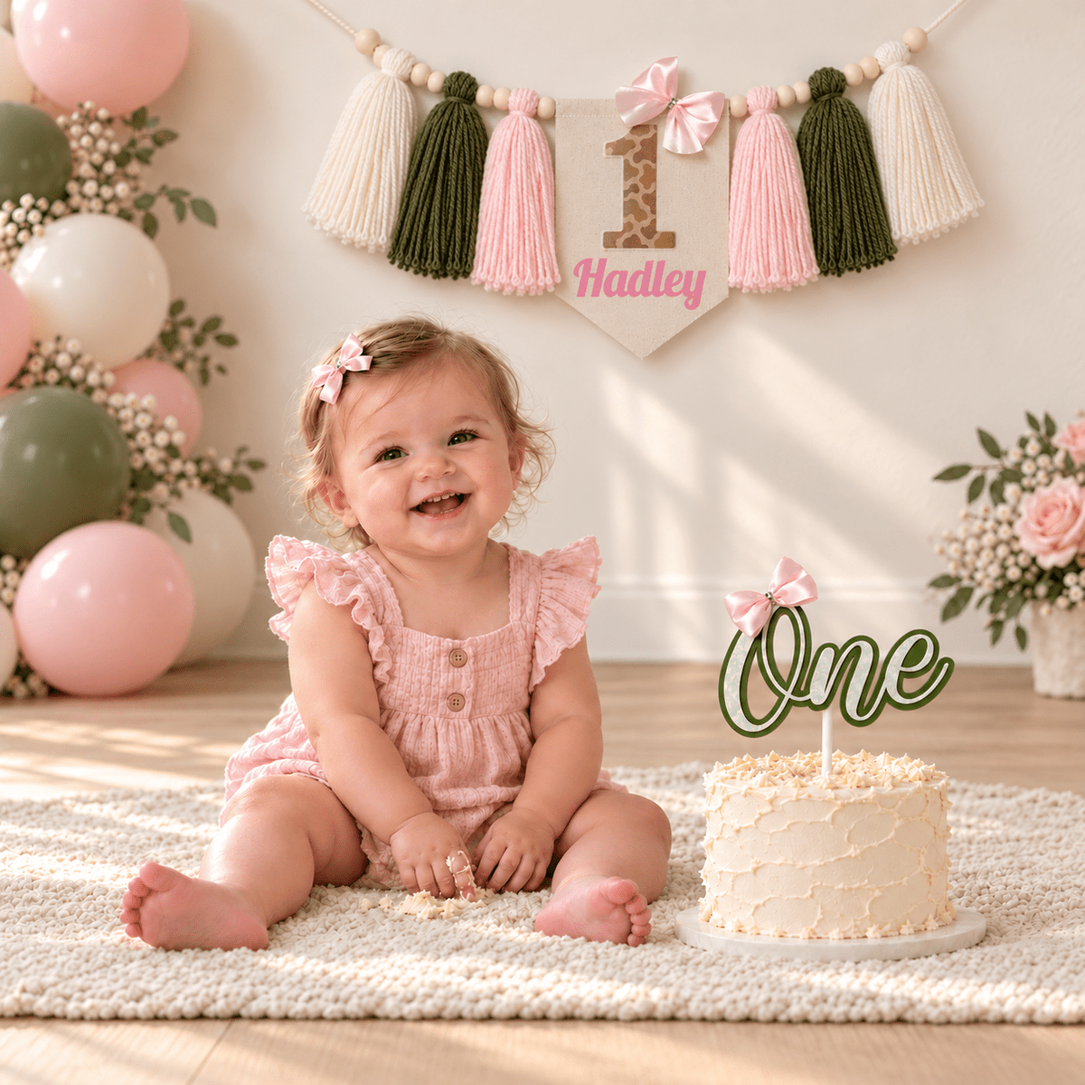 Pink Camo High Chair Banner & ONE Cake Topper – Blush & Olive - Mia & Jon Co.