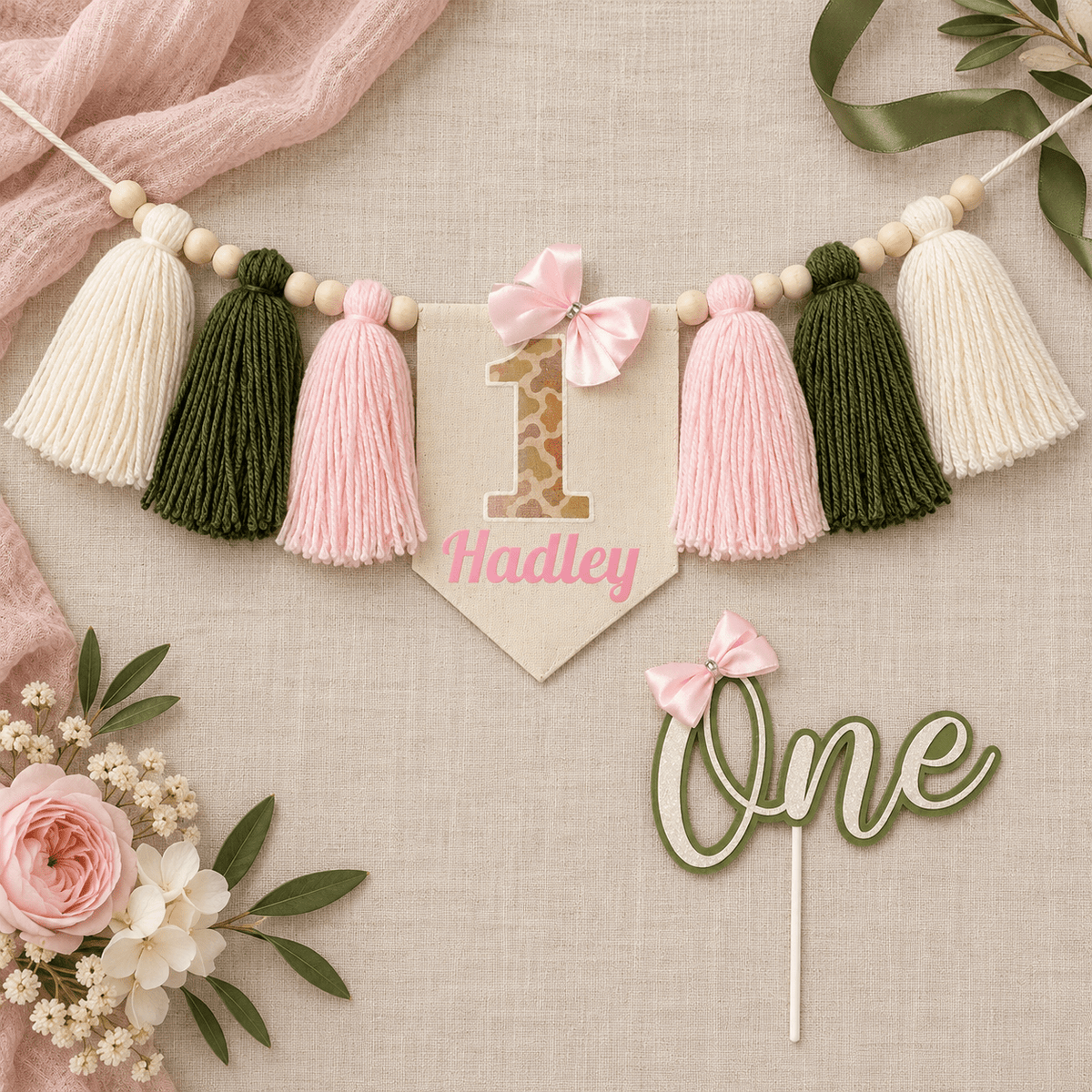 Pink Camo High Chair Banner & ONE Cake Topper – Blush & Olive - Mia & Jon Co.