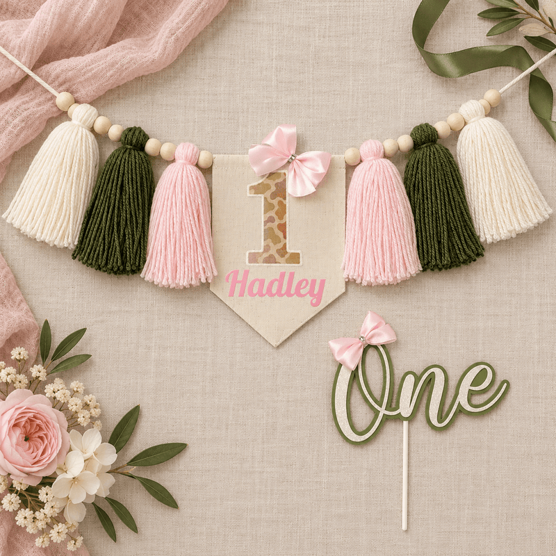 Pink Camo High Chair Banner & ONE Cake Topper – Blush & Olive - Mia & Jon Co.