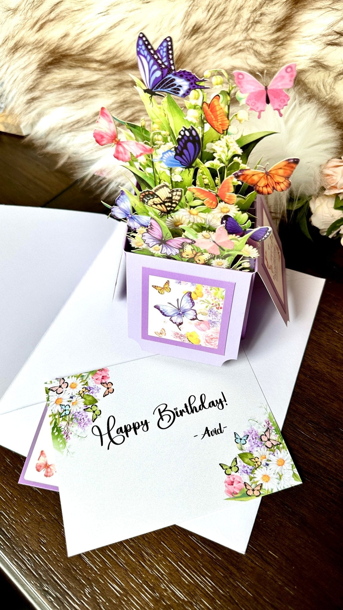 Pop - Up Butterfly Birthday Box Card – 3D Greeting Card with Optional Personalized Message - Mia & Jon