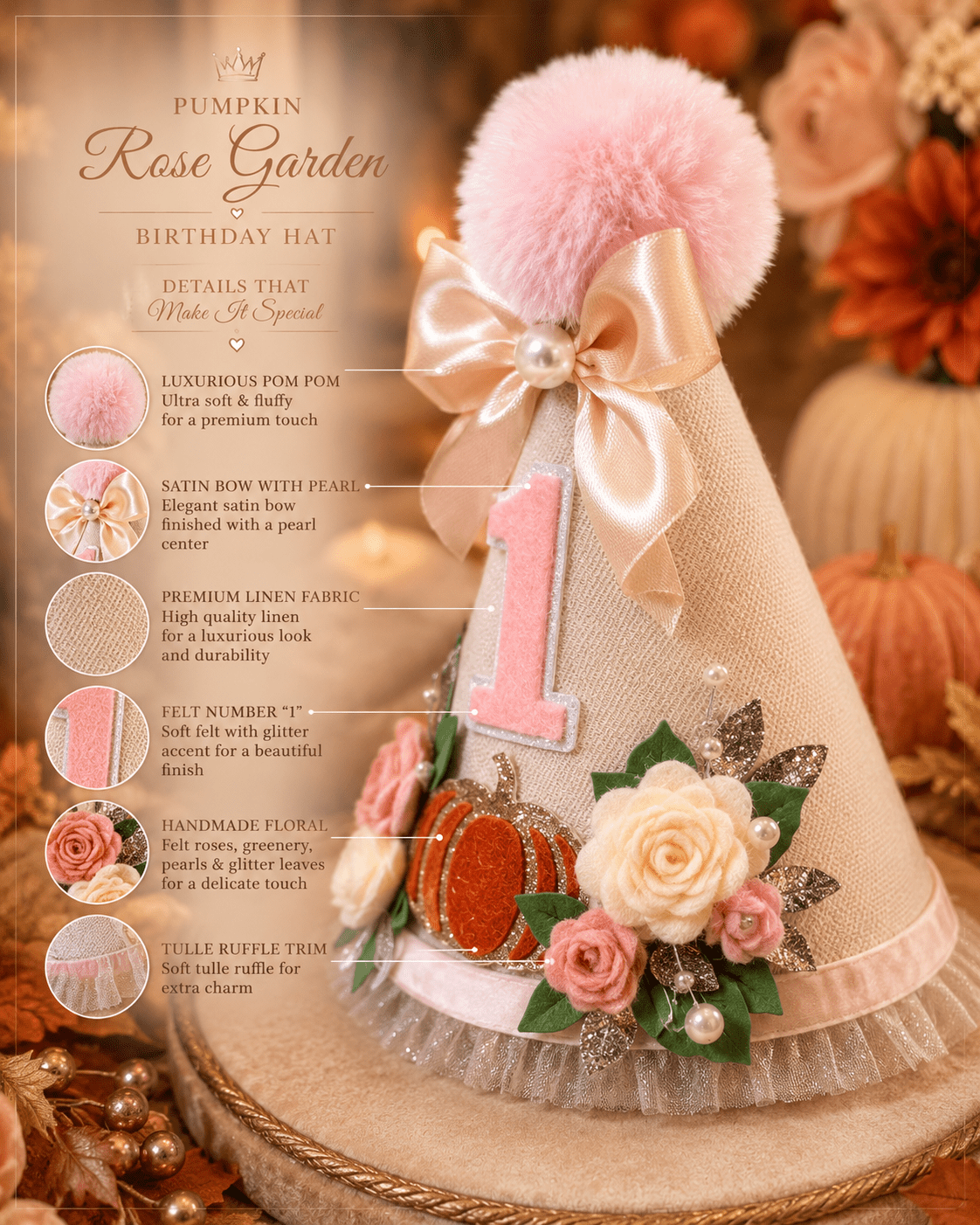 Pumpkin First Birthday Hat | Floral Fall Birthday Party Hat - Mia & Jon Co.
