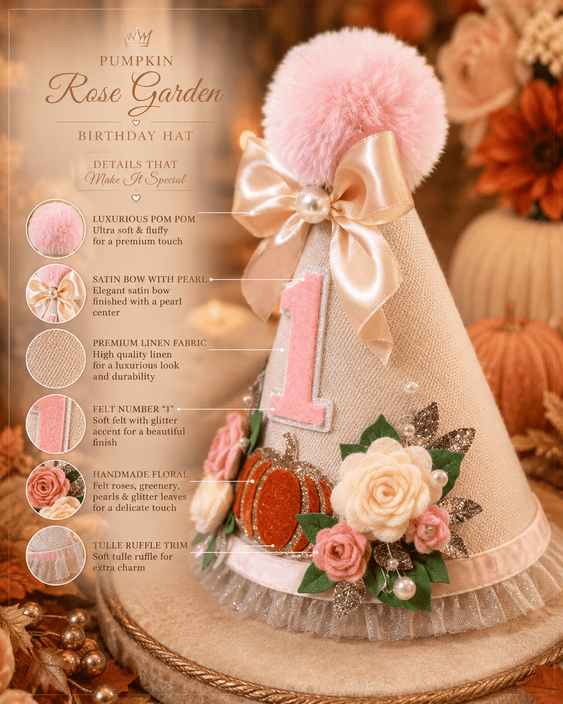 Pumpkin First Birthday Hat | Floral Fall Birthday Party Hat - Mia & Jon Co.