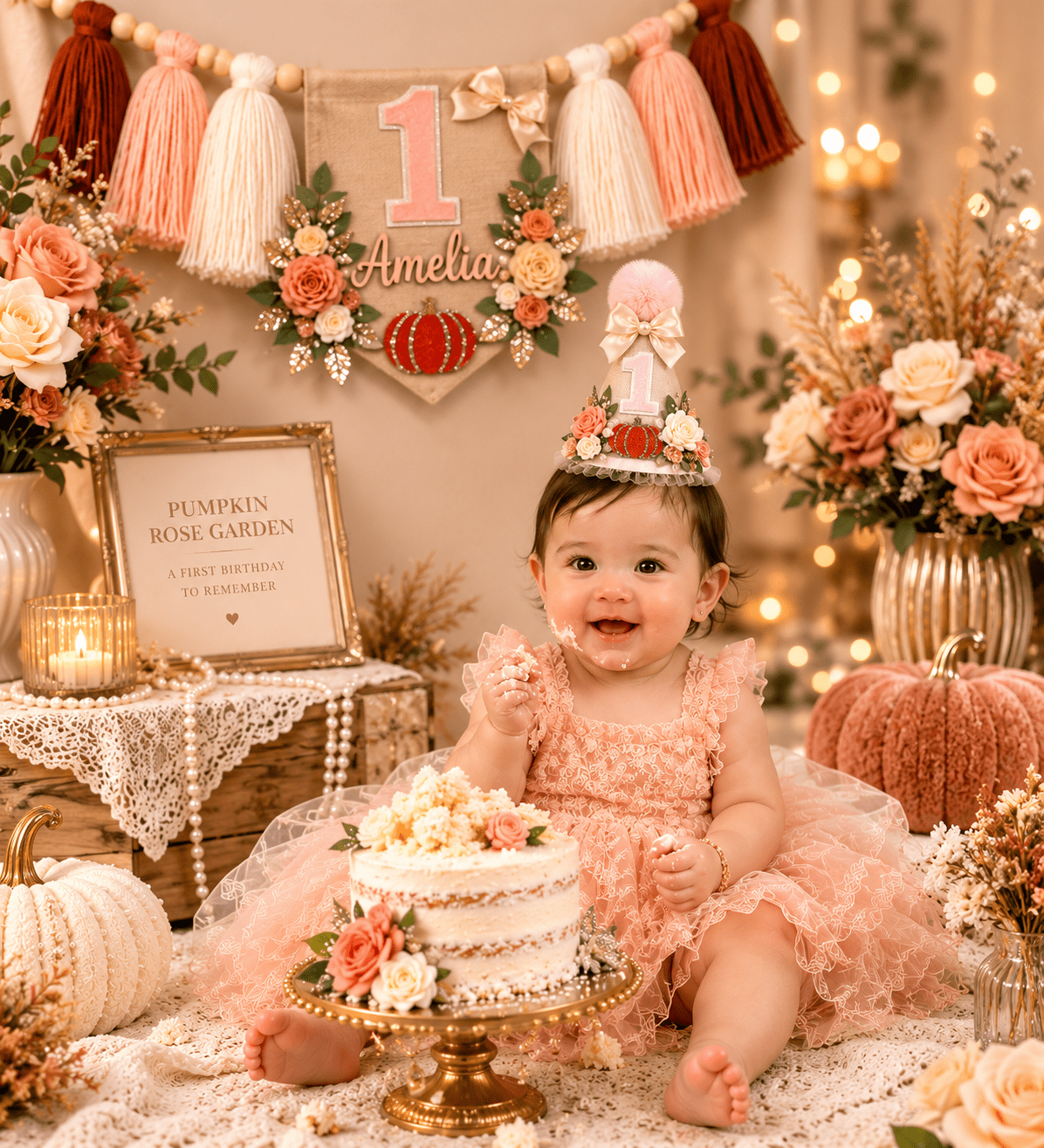 Pumpkin First Birthday Hat | Floral Fall Birthday Party Hat - Mia & Jon Co.