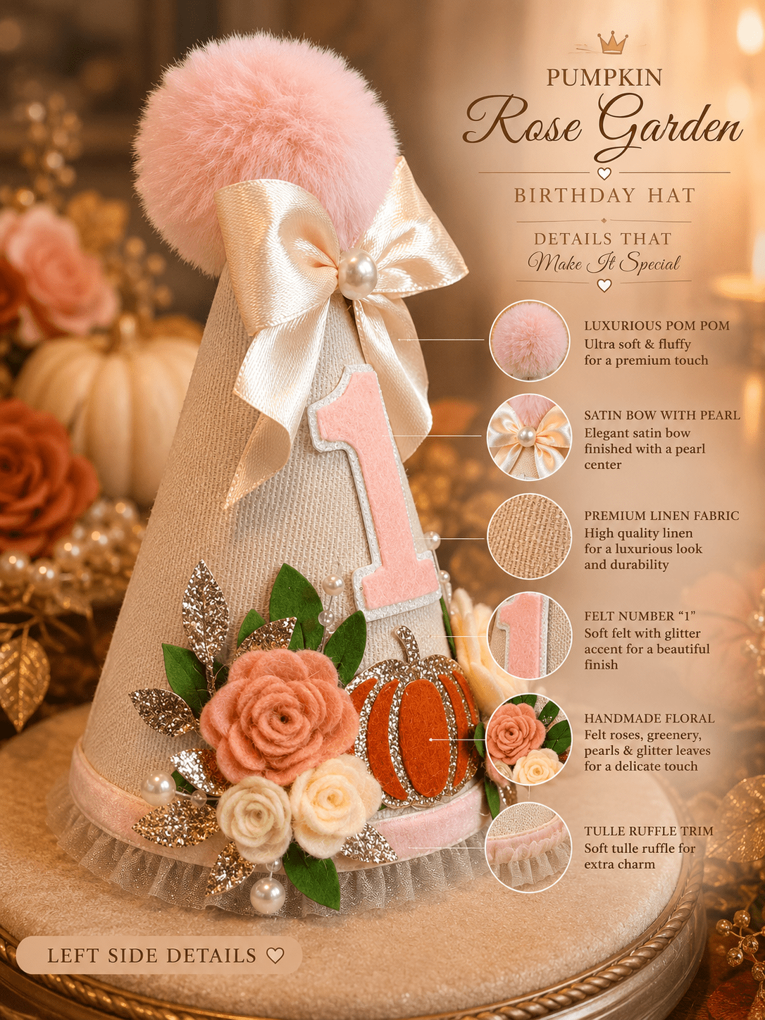 Pumpkin First Birthday Hat | Floral Fall Birthday Party Hat - Mia & Jon Co.