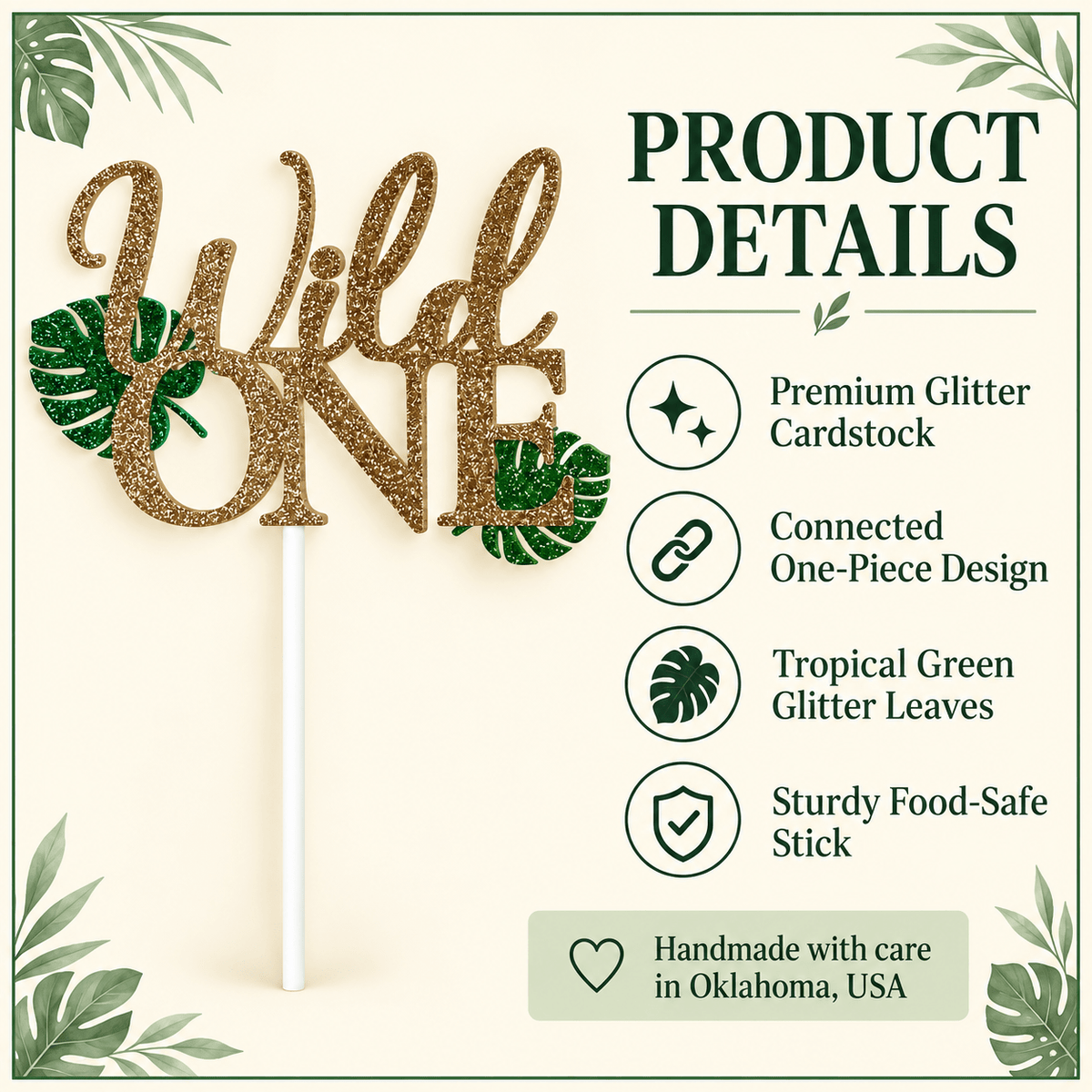 Wild One Cake Topper – Gold & Green Jungle First Birthday Decor - Mia & Jon