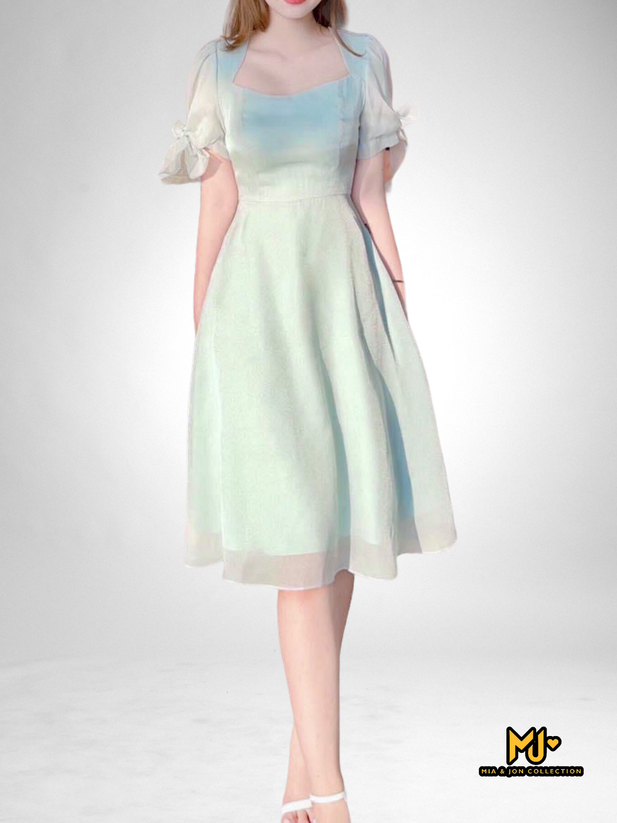 MJV1912 Puff Sleeve With Bow Tie Detail Dress  (NO Return/Exchange)