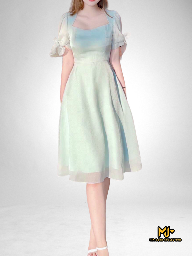 MJV1912 Puff Sleeve With Bow Tie Detail Dress  (NO Return/Exchange)