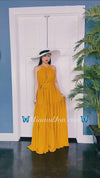 MJV017 Yellow Solid Halter Neck Maxi Dress