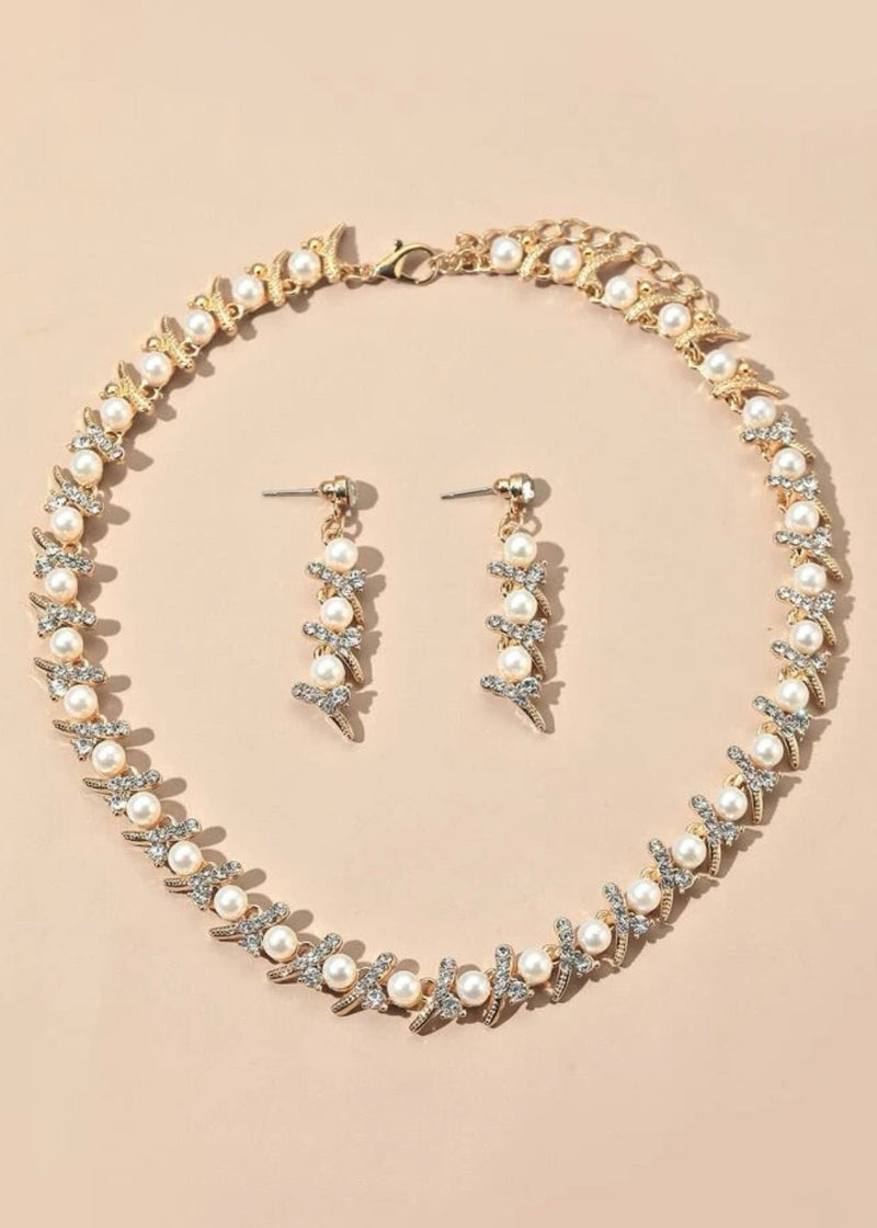 1pair Rhinestone & Faux Pearl Earrings & 1pc Necklace - Mia & Jon