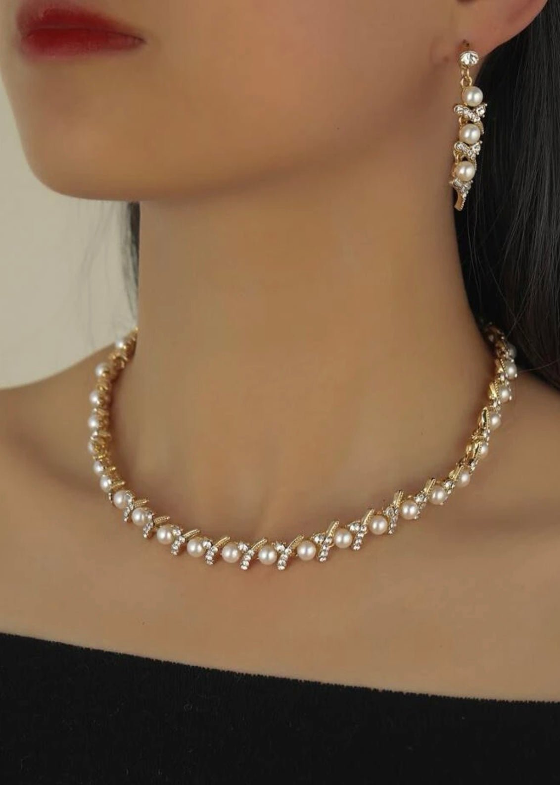 1pair Rhinestone & Faux Pearl Earrings & 1pc Necklace - Mia & Jon