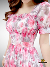 MJV1849 Rose Print Square Neck Pleated Chiffon Dress (NO Return/Exchange)
