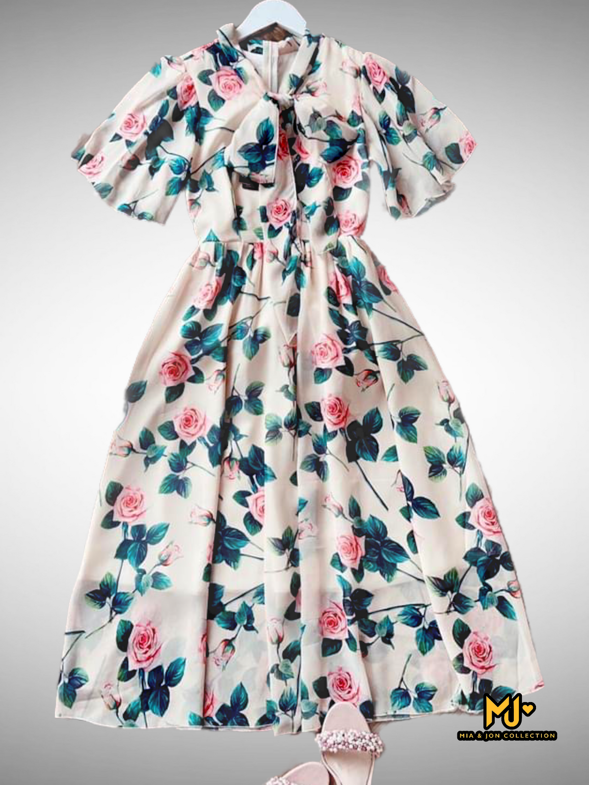 Floral Chiffon Midi Dress – Bow Tie Neckline Summer Party Outfit