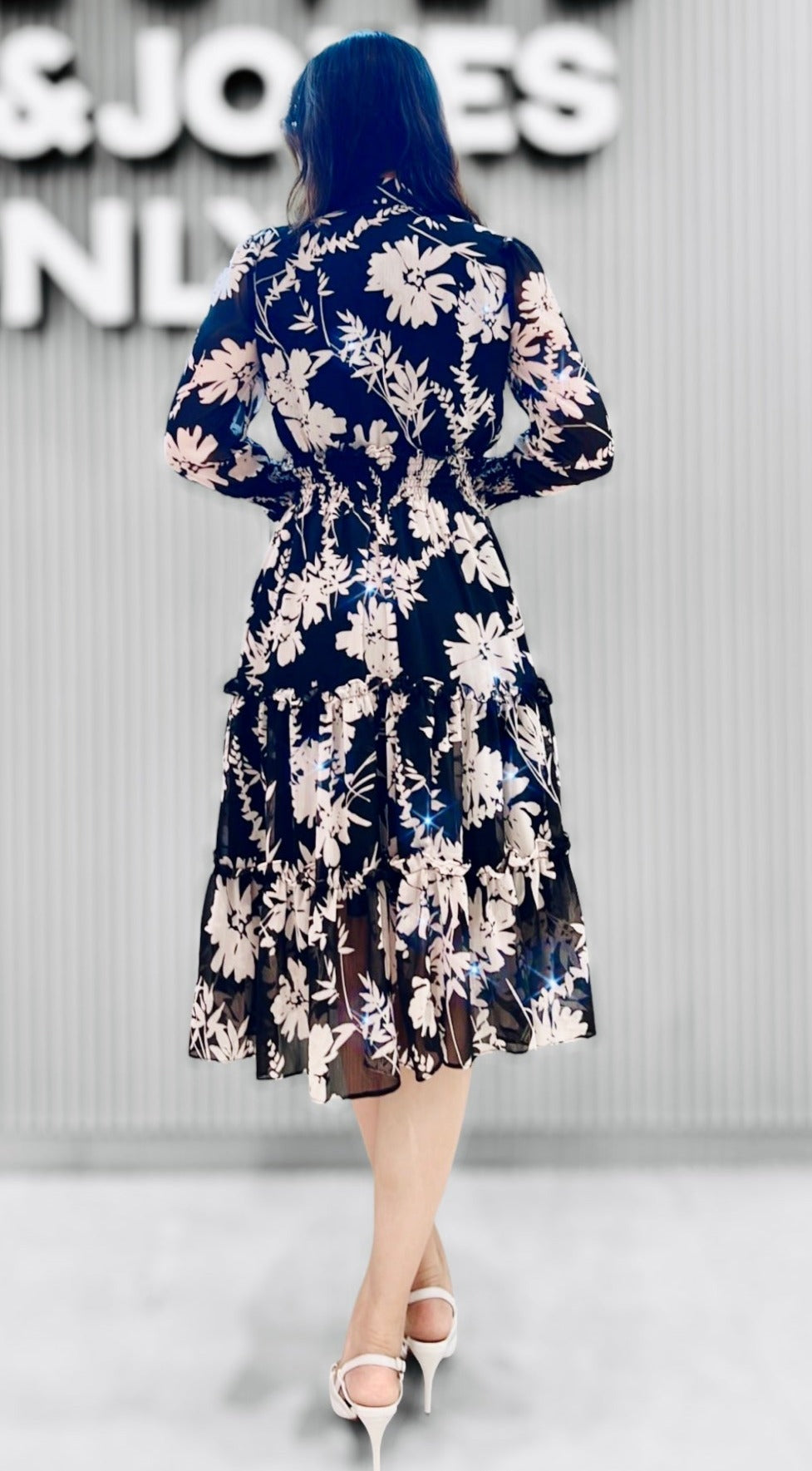 Black Long Sleeve Floral Chiffon Shirt Dress - Mia & Jon