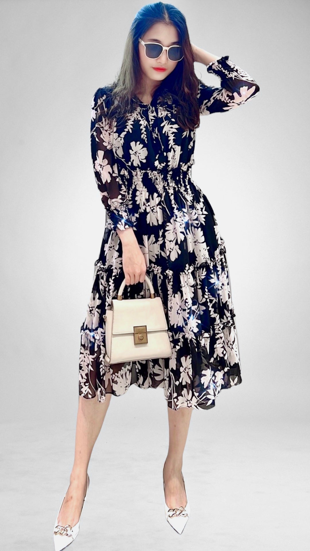 Black Long Sleeve Floral Chiffon Shirt Dress - Mia & Jon