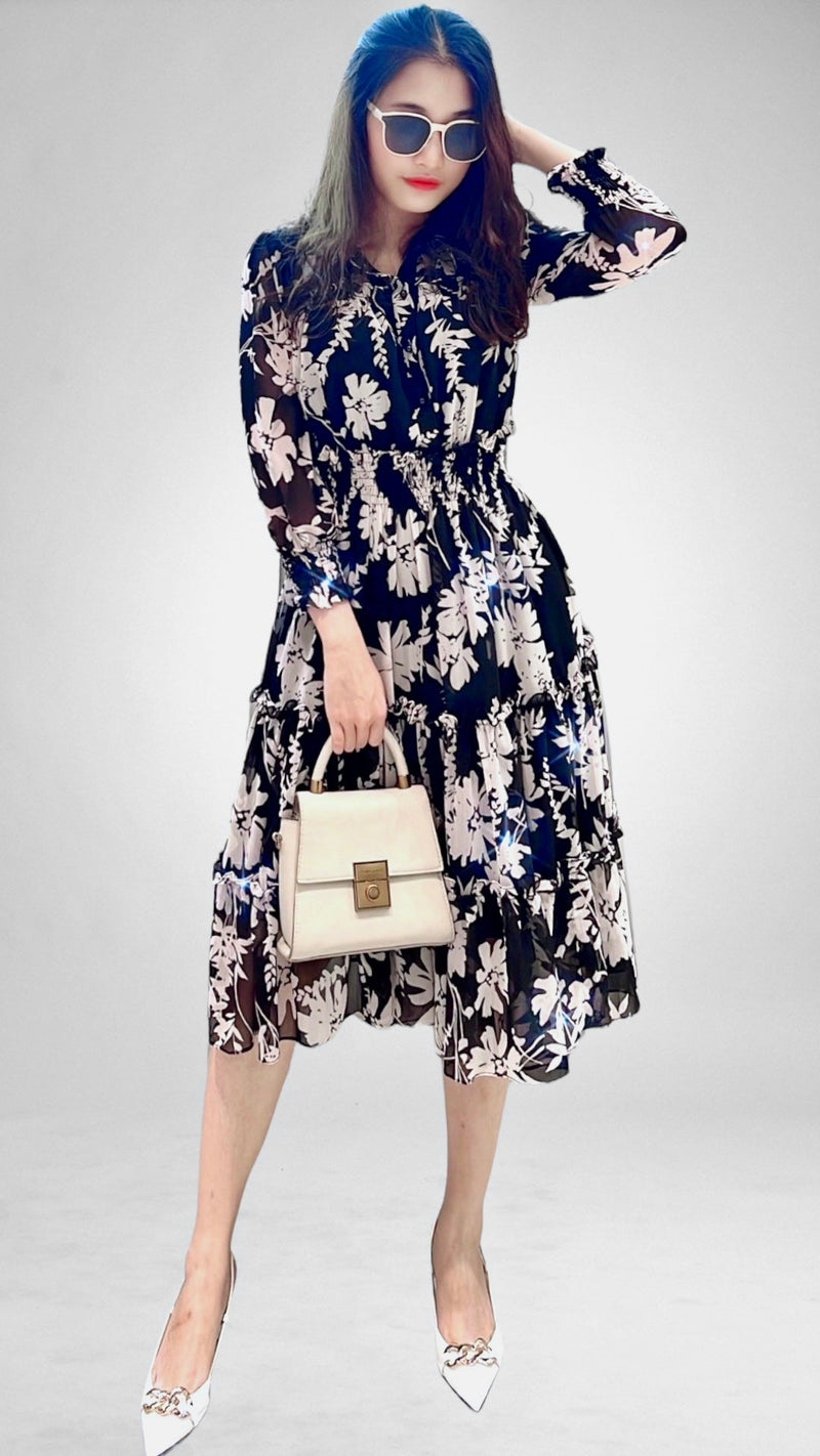 Fashion (9071-Blck)Chiffon Long Sleeve Floral Print Dress Women
