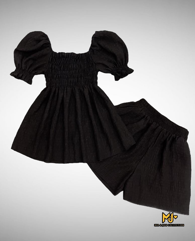 Black Puff Sleeve Smocked Top + Short Set - Mia & Jon